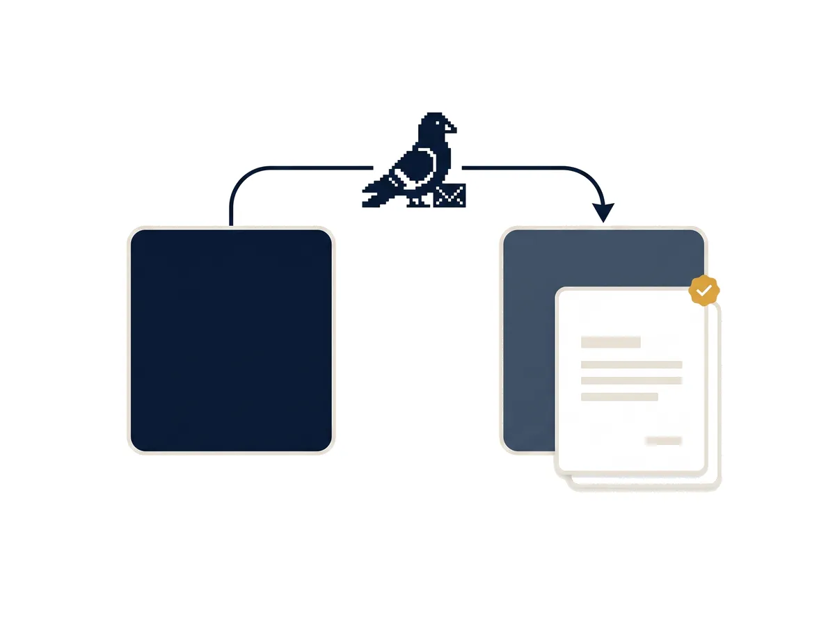 A request and a response drawn as two cards exchanging a document along a curved path, with the pixel pigeon carrying it.