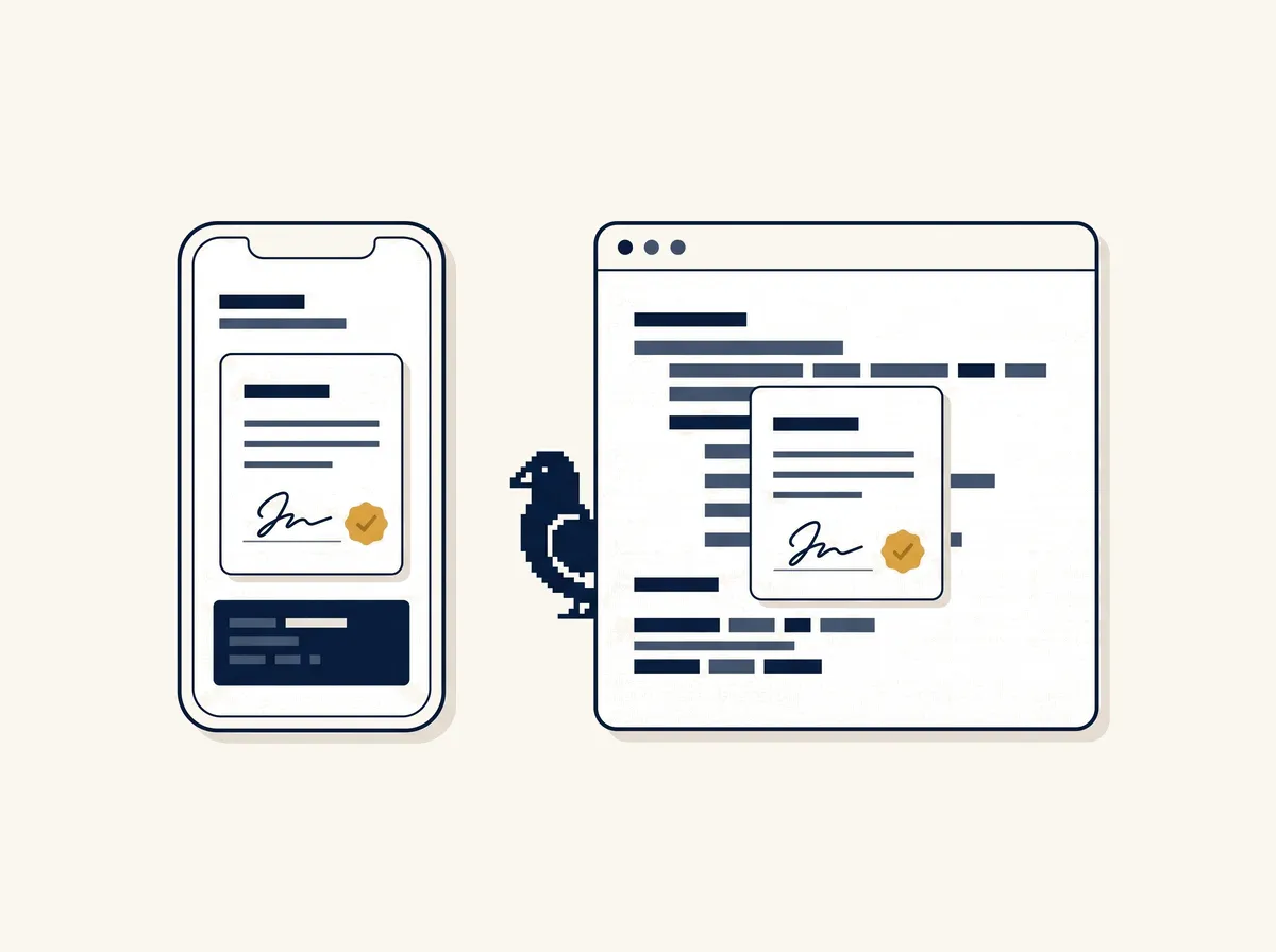 A phone and a browser window each showing a signing page inside another app, with the pixel pigeon peeking from behind.