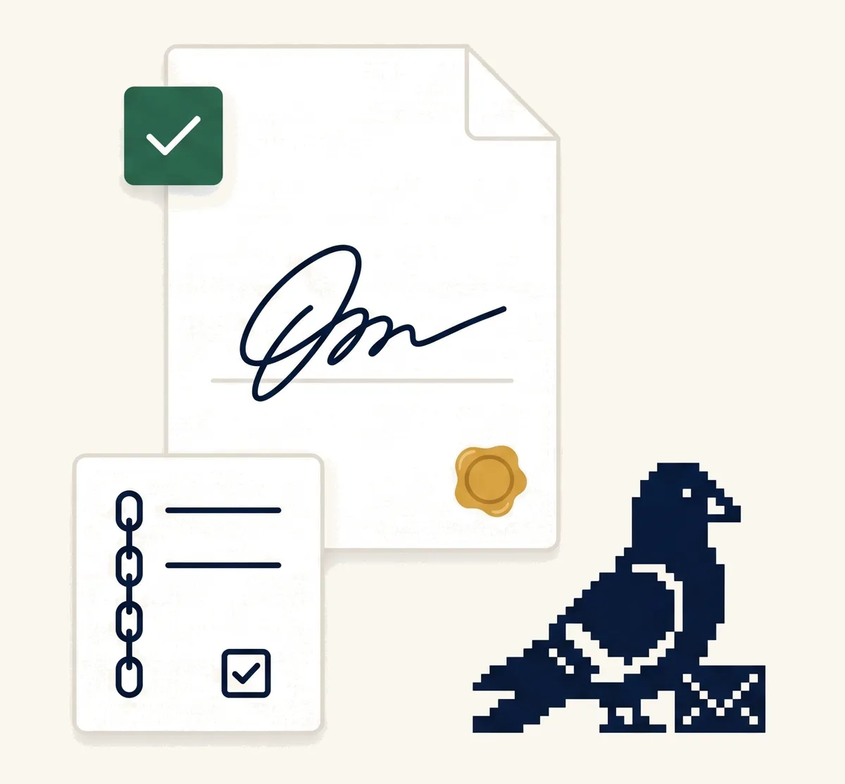 A signed document with a green verified check badge and an amber seal, a certificate card showing a hash chain and a checked consent box, and the pixel pigeon holding a stamp.