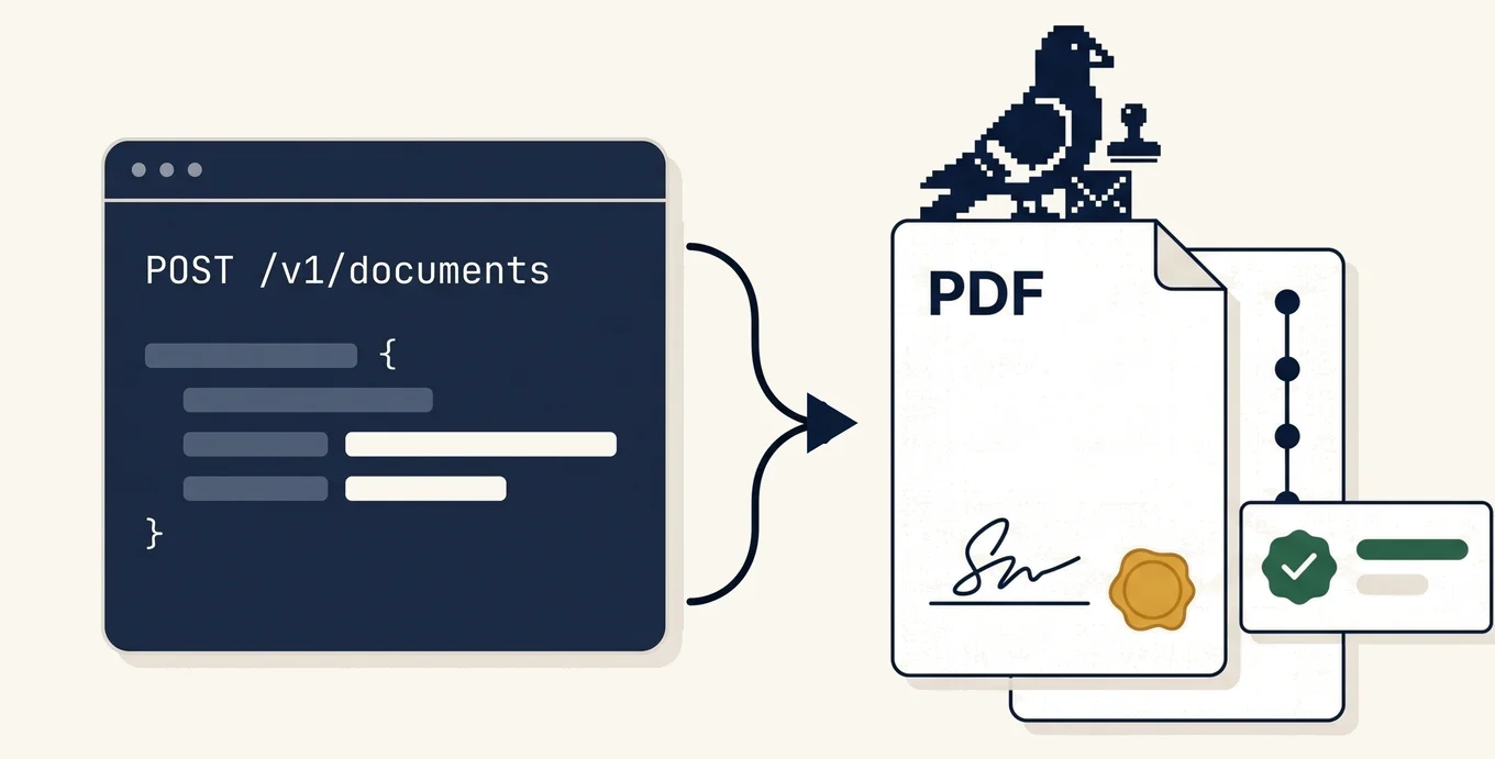 A terminal card reading POST /v1/documents with a curved arrow to a sealed PDF: a signature, an amber seal, the audit trail page behind it, an open signature panel with a green check, and the pixel pigeon on top holding a stamp.