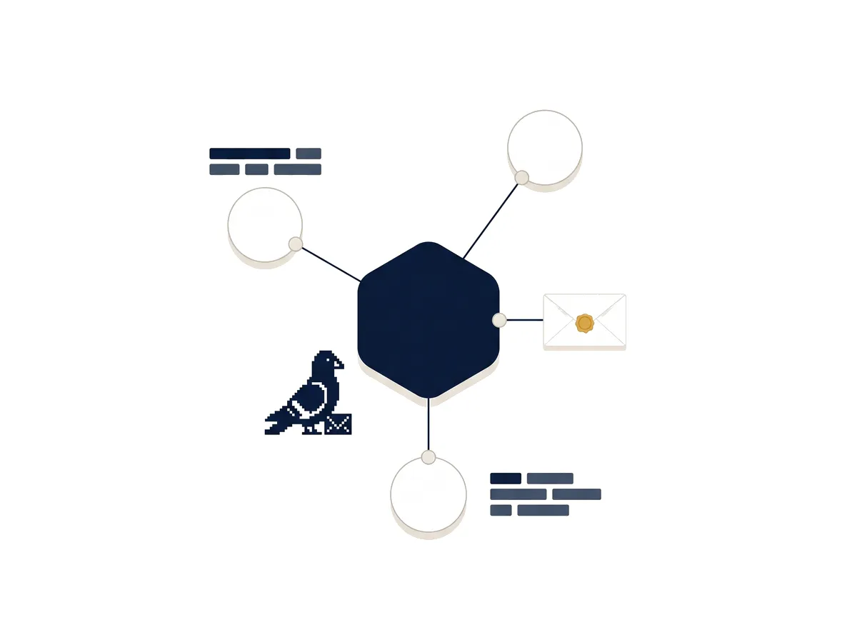 A central hexagon node linked to three small nodes, one carrying a sealed envelope, with the pixel pigeon beside it.