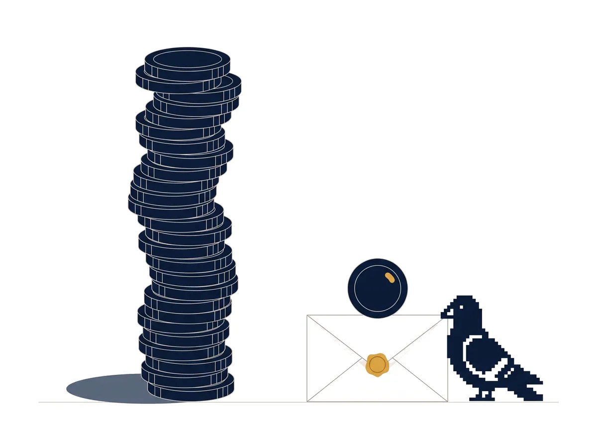 A tall tower of navy coins beside one small coin resting on a sealed envelope, with the pixel pigeon looking up at the tower.