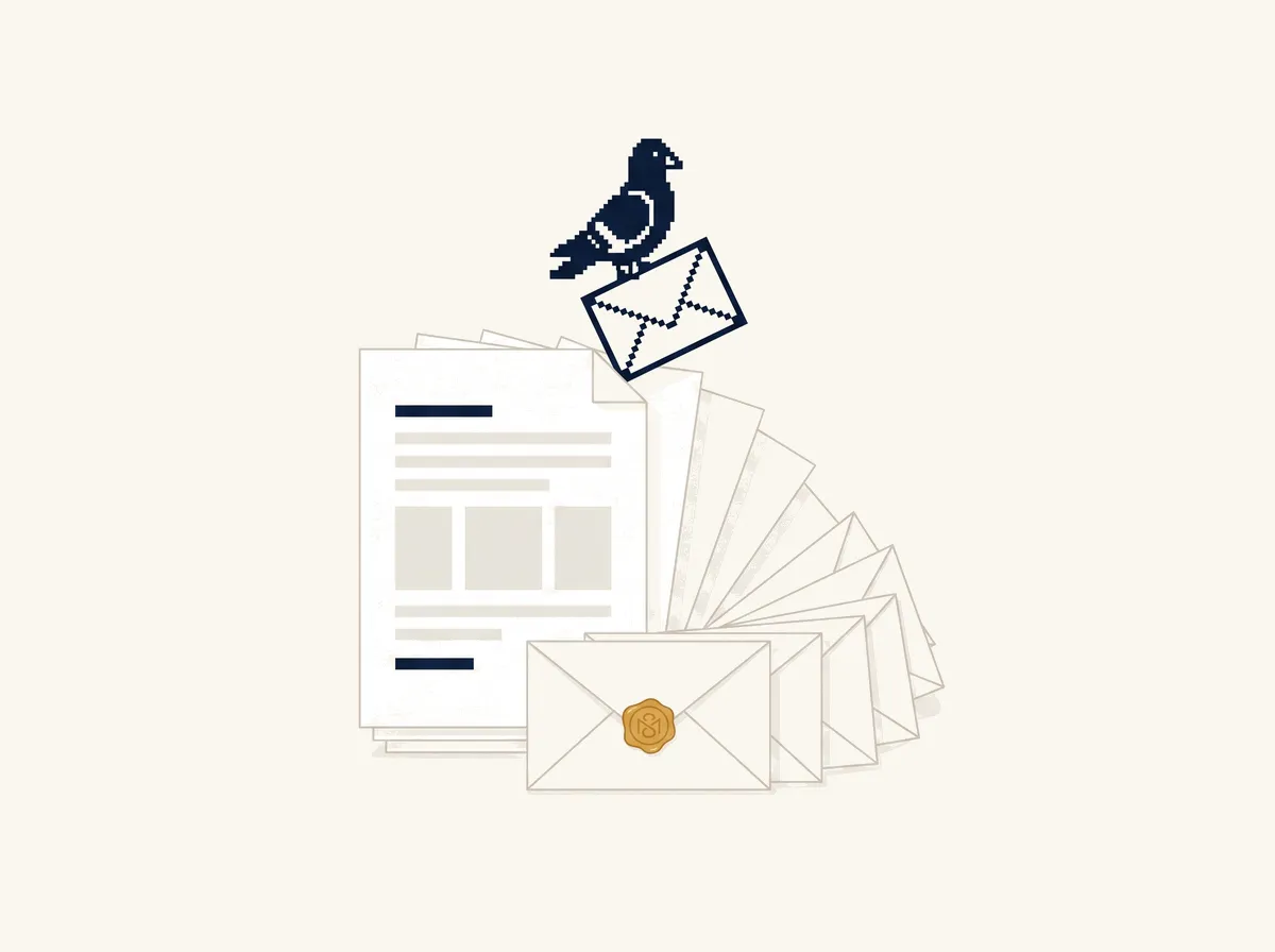 A stack of documents fanning out into sealed envelopes, with the pixel pigeon picking up the first.