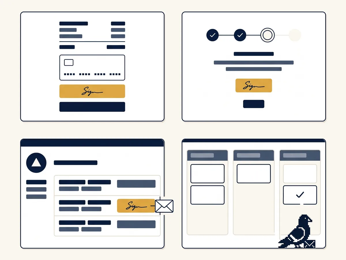 Four app screens, each with the same amber signature field: a checkout with a card form and pay button, an onboarding stepper on its third step, a platform window with a client list and an envelope leaving one row, and a pipeline board where the pixel pigeon picks up an envelope from a completed card.